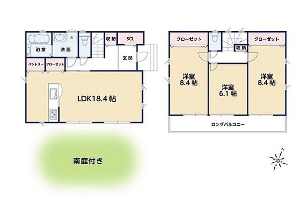 【 間取り図 】3LDK|全室南向き|洋室8.4帖×2、洋室6.1帖|収納充実