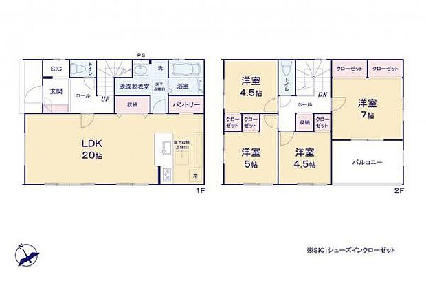 【 間取り図 】4LDK|20帖の大型LDKや豊富な収納を備える快適間取り