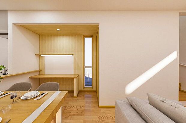 【 LDK | 17.12帖 】木の質感と光が織りなす、上質な造作カウンタースペース。子どもの宿題、家事の作業、リモートワークなど幅広い用途に活躍します。(画像は完成予想3DCGパースです)