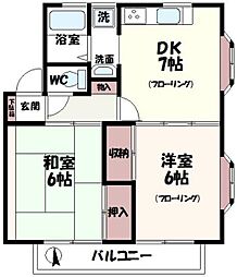 ホワイトヒル 2階2DKの間取り