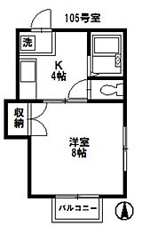 プルティエIII 1階1Kの間取り