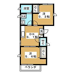 ワイズテラス 3階2DKの間取り