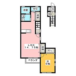 クレセリア東村山 2階1LDKの間取り
