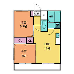 南台ハイツ 1階2LDKの間取り