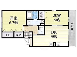 エスポワールK2 3階2DKの間取り