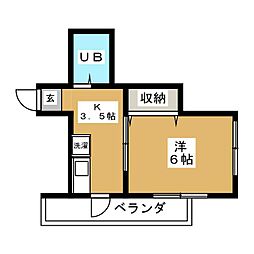 東急池上線 池上駅 徒歩6分の賃貸マンション 2階1Kの間取り