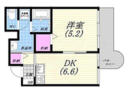 チェリービュウ芦屋川 1DKの間取図画像