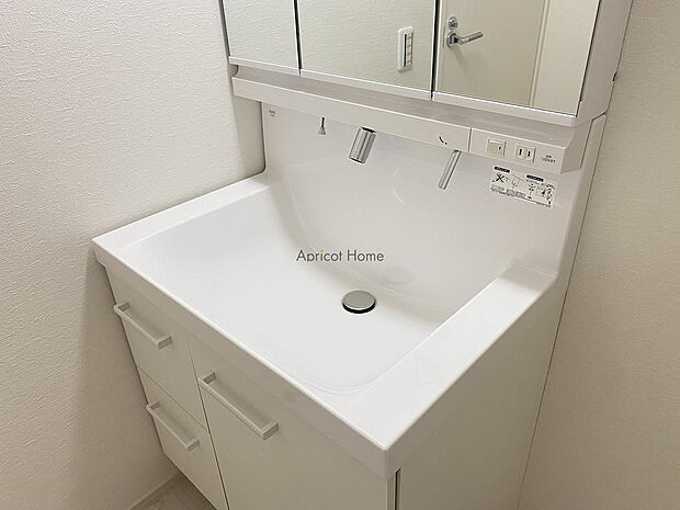 蛇口は可動式のシャワータイプ。うがい・手洗いもしやすいです。洗面台下部は収納として利用できます。