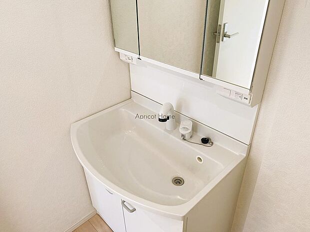 蛇口は可動式のシャワータイプ。うがい・手洗いもしやすいです。洗面台下部は収納として利用できます。