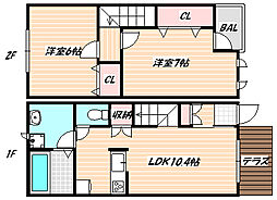JR総武線 下総中山駅 徒歩12分の賃貸テラスハウス 2LDKの間取り
