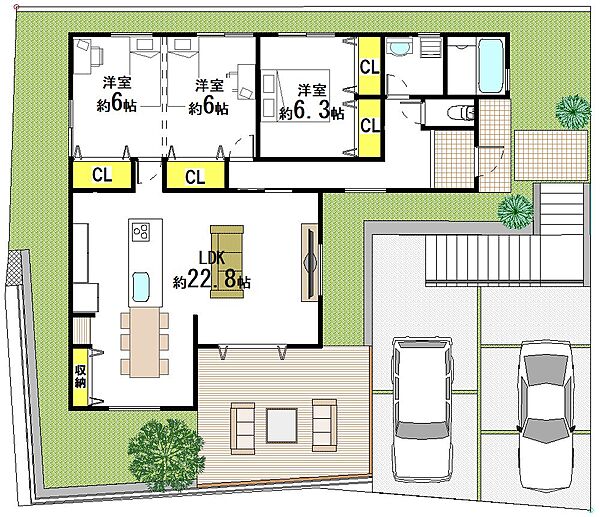 （平屋の家）　建物92.34m2　ウッドデッキ・リビングダイニングからお花見ができます。