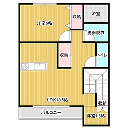 サニーコート乙戸南J棟 2階1LDKの間取り