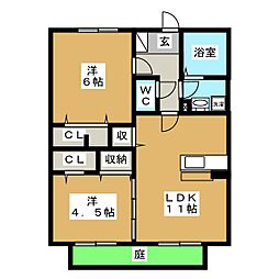 ルーチェ南八幡 1階2LDKの間取り