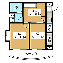 リヴェール21 2階2DKの間取り
