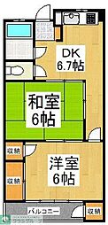 西武新宿線 久米川駅 徒歩4分の賃貸マンション 2階2DKの間取り
