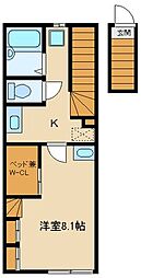西武新宿線 花小金井駅 徒歩23分の賃貸アパート 2階1Kの間取り