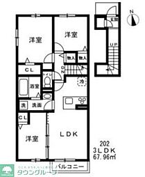 西武新宿線 東伏見駅 徒歩16分の賃貸アパート 2階3LDKの間取り
