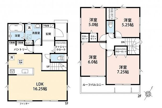 【 間取り図 / 2号棟 】 パントリールームを介した回遊型動線により、快適な家事動線を実現。暮らしの利便性を重視した間取りです