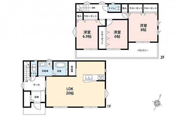 【 間取り図 】 20帖の広々リビング×全居室6帖以上でゆとりある3LDK。 全居室南東向きで陽当たり良好です。