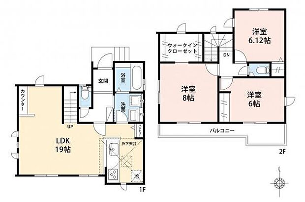 【 間取り図 】 ワークスペースを備えた19帖の大型リビング。また、全ての居室を6帖以上にすることで、ゆとりのある生活空間をデザインいたしました