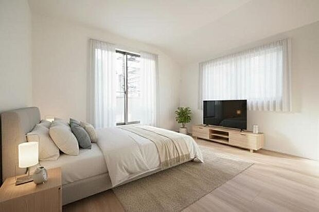 【　居室　／　8帖　】主寝室にふさわしい広い洋室。バルコニー開口部による開放的な空間を、ぜひご体感ください　※家具や小物はCGによるイメージです