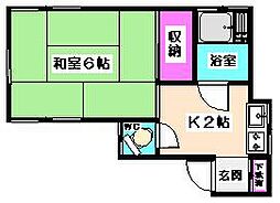 グリーンハイツP−II 2階1Kの間取り