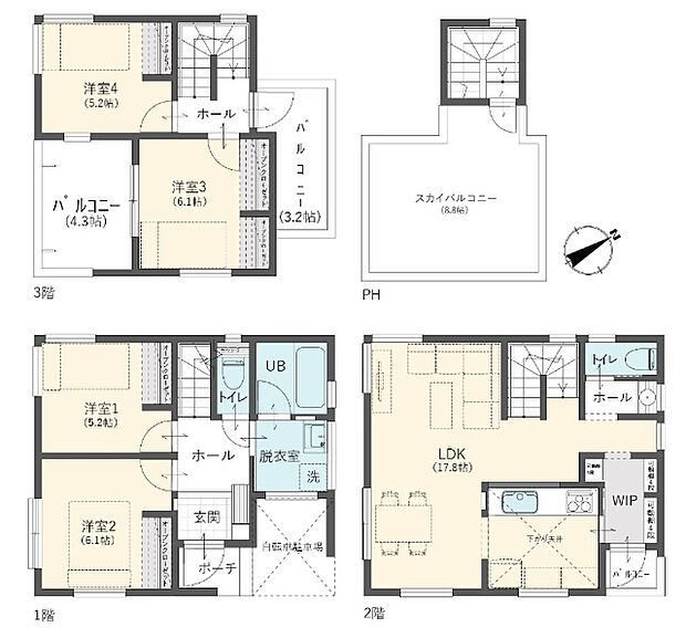 建物プラン例 建物価格1860万円、建物面積102.05?、内自転車駐輪場4.05?