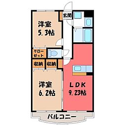 JR東北本線 雀宮駅 徒歩16分の賃貸マンション 4階2DKの間取り