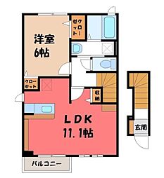 東武日光線 新大平下駅 徒歩14分の賃貸アパート 2階1LDKの間取り