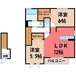 東武宇都宮線 西川田駅 徒歩18分の賃貸アパート 2階2LDKの間取り