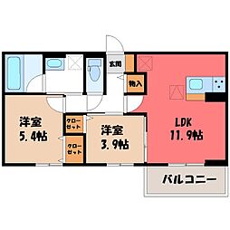 JR東北新幹線 小山駅 徒歩30分の賃貸アパート 1階2LDKの間取り