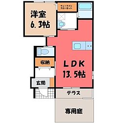 JR水戸線 結城駅 徒歩22分の賃貸アパート 1階1LDKの間取り