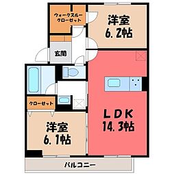 宇都宮芳賀ライトレール線 東宿郷駅 徒歩16分の賃貸アパート 2階2LDKの間取り