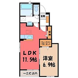 JR東北本線 小山駅 徒歩29分の賃貸アパート 1階1LDKの間取り