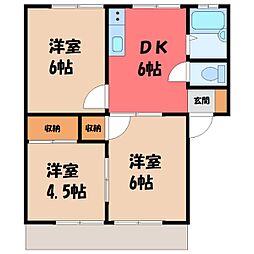 JR東北新幹線 小山駅 バス11分 自由が丘公園西下車 徒歩2分の賃貸アパート 1階3DKの間取り