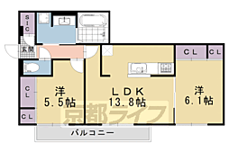 京都市営烏丸線 五条駅 徒歩2分の賃貸アパート 2階2LDKの間取り