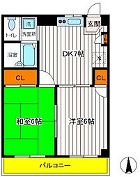 JR中央線 豊田駅 徒歩15分の賃貸マンション 1階2DKの間取り