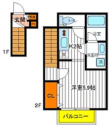 JR青梅線 西立川駅 徒歩9分の賃貸アパート 2階1Kの間取り