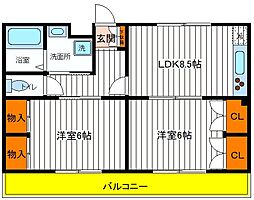 多摩都市モノレール 砂川七番駅 徒歩1分の賃貸マンション 3階2LDKの間取り