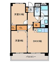 西武拝島線 東大和市駅 徒歩5分の賃貸マンション 3階2LDKの間取り