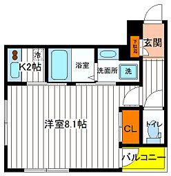 JR中央線 立川駅 徒歩9分の賃貸マンション 2階1Kの間取り