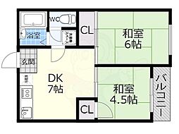 京都地下鉄東西線 蹴上駅 徒歩10分の賃貸マンション 2階2DKの間取り