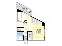 京都地下鉄東西線 御陵駅 徒歩5分の賃貸マンション 2階1DKの間取り