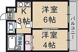 京都地下鉄東西線 椥辻駅 徒歩15分の賃貸マンション 2階2Kの間取り