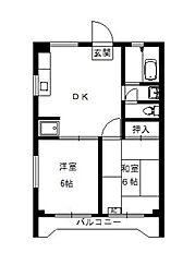 木口マンション 3階2DKの間取り