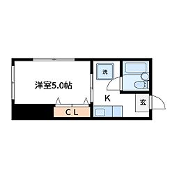 筑波マンション 2階1Kの間取り