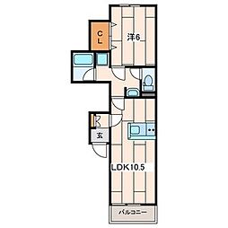 カロス30 2階1LDKの間取り