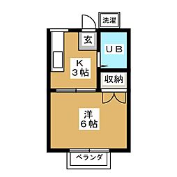 スカイハイム 2階1Kの間取り