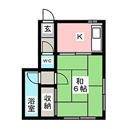 司荘 2階1Kの間取り