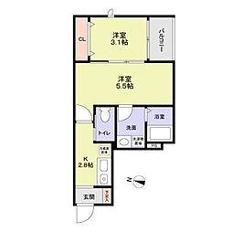 アジュール常盤平 2階2Kの間取り